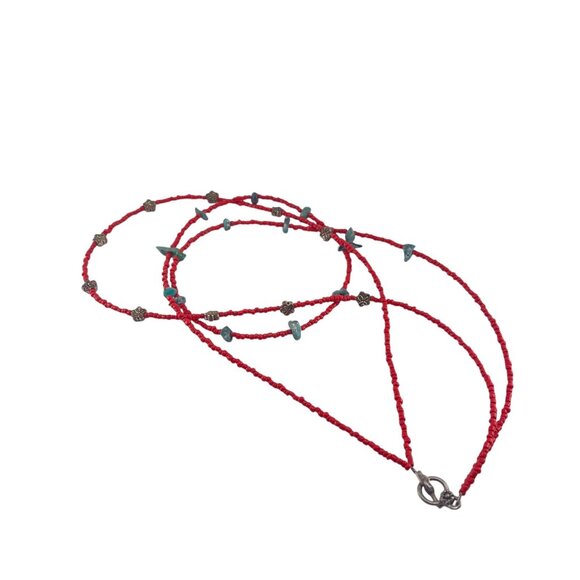 Boho Handcrafted Red & Blue Beaded Necklace With Metal Accents 24" Unbranded - Picture 3 of 6